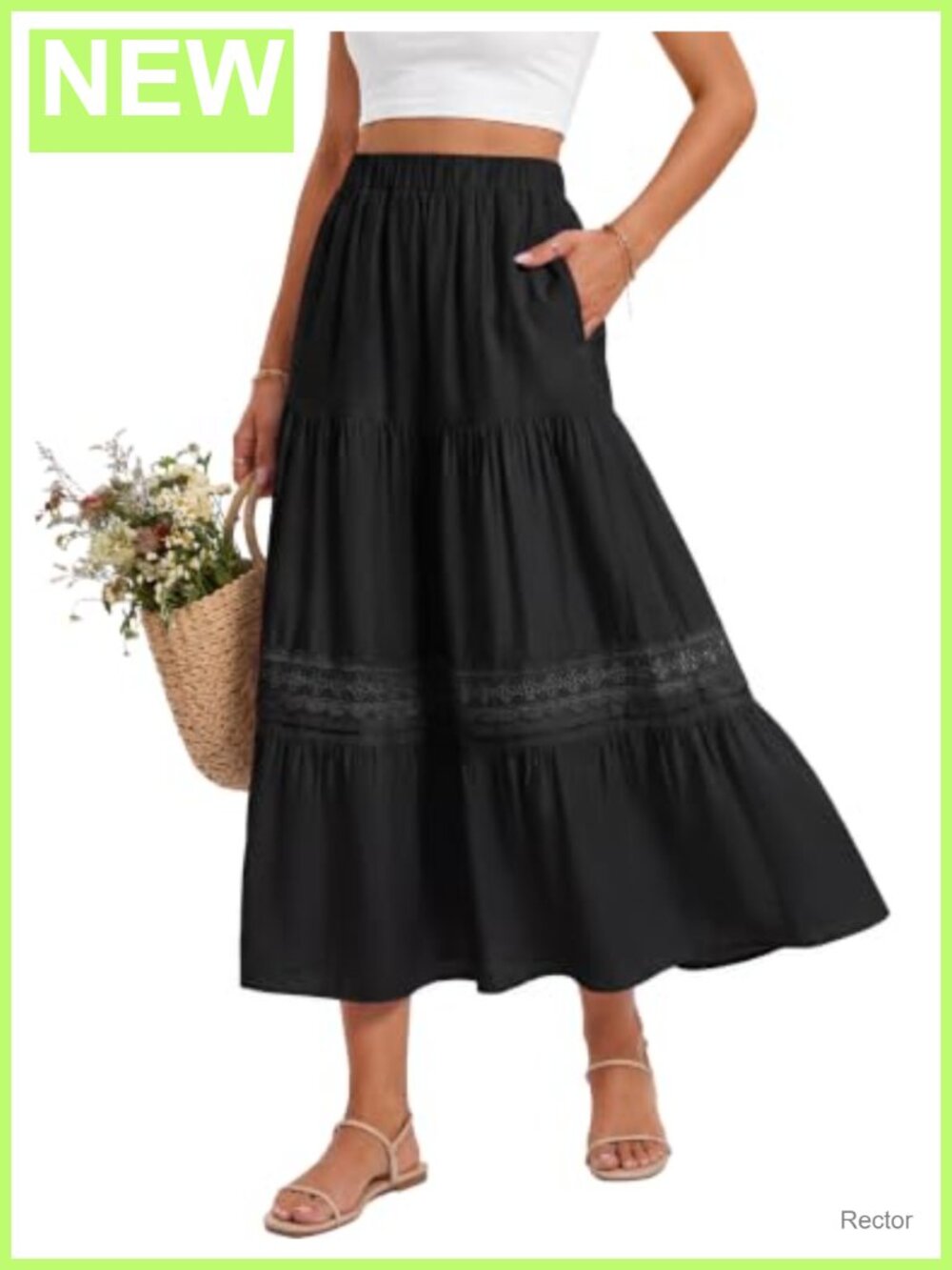 Womens High Waist Maxi Skirt Lace Trim Pockets Rayon Spandex